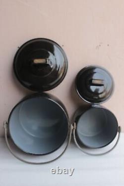 2 pc Vintage Rare Black Enamel Pot Old England Enamel Kitchen Collectible BP-59