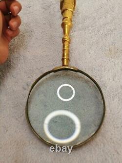 Antique Vintage Solid Brass Magnifying Glass, Dog Handle ENGLAND, Handheld Heavy