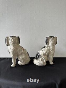 Straffordshire Porcelain MID 19thC Black White SPANIEL DOG Set Mantle Decor Vtg