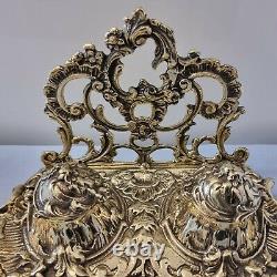Stunning Vintage Heavy Embossed Made In England Victorian Double Brass Inkwell