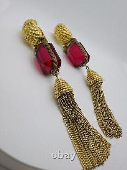 Vintage Couture Number.com Rare Collectible Red Crystals Clip On Earrings