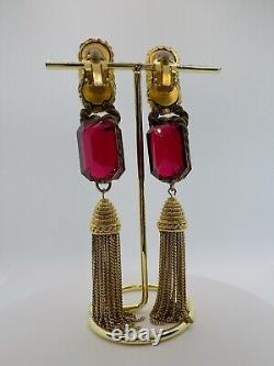 Vintage Couture Number.com Rare Collectible Red Crystals Clip On Earrings