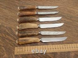 Vintage Cutlery Set 6 Stag Antler Handle STEAK KNIVES Garrard & Co England