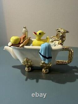 Vintage Made In England The Teapottery Cast Iron Bath Teapot Rubber Ducky