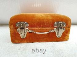 Vintage Old Orange Velvet Fabric Mini Suitcase Shape Vanity Case Box England V26