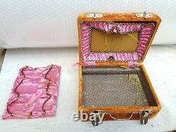 Vintage Old Orange Velvet Fabric Mini Suitcase Shape Vanity Case Box England V26