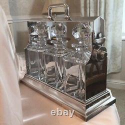 Vintage Quality Silver Plate Tantalus, Hand Blown Decanters, Facet Cut Stoppers
