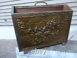Vtg English Brass Repousse Double Sided Magazine Rack 50's Interior Design