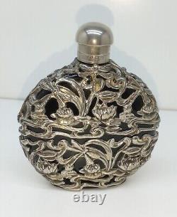 Vtg First Impressions Perfume Made In England Black Glass / Silver Metal Overlay